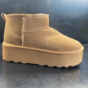 New w/ Box Women’s Unbranded Mini Ankle Boots Chestnut Brown Suede Fur Platform